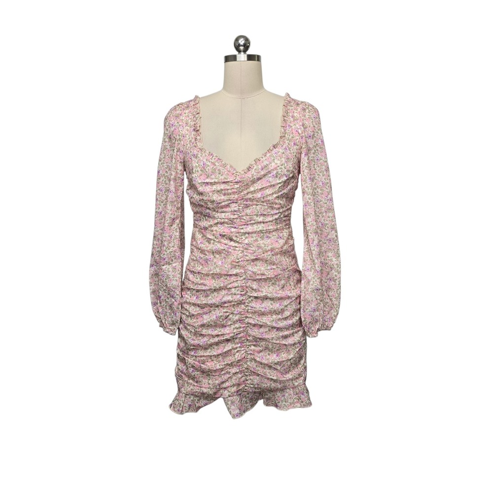 Sisters of the Tribe Pink Floral Ruched Mini Dress Long Sleeve Sweetheart Size 8